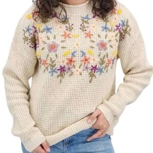 Tea n Rose Embroidered Flower Cream Sweater Size L